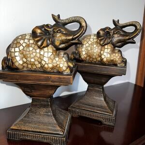 2 Mosaic Elephant Statues Figurines Pedestals Resin Bookends Heavy 10" Tall 6"